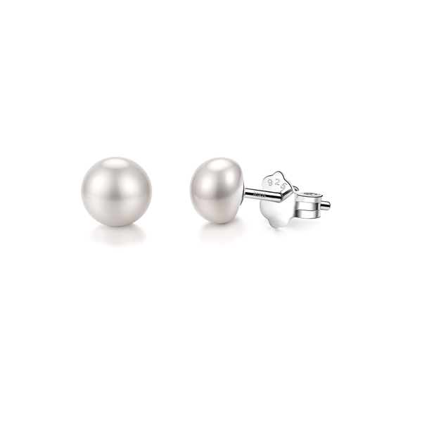 A pair of stud earrings with round white freshwater pearls set in sterling silver, shown on a white background.
