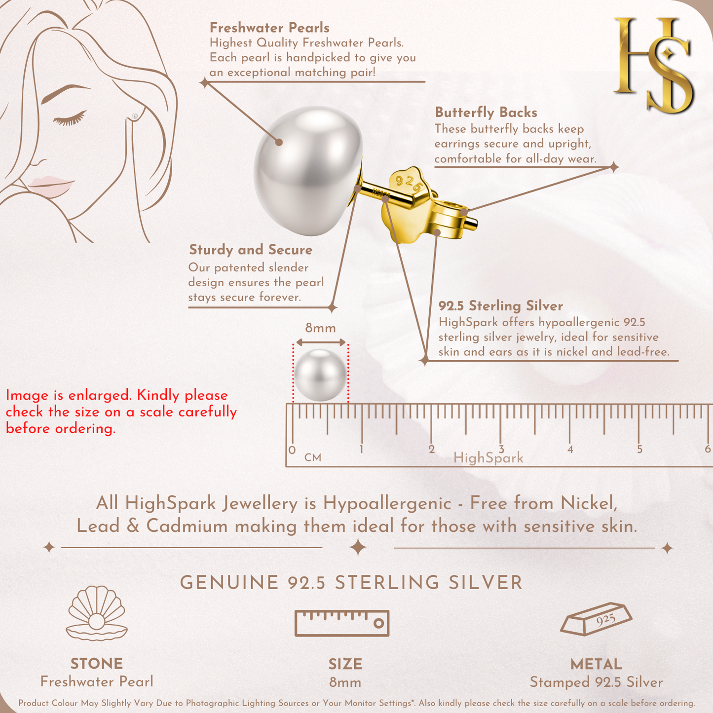 Freshwater Gold Pearl Stud Earrings in 925 Sterling Silver With 18k Gold Finish HighSpark