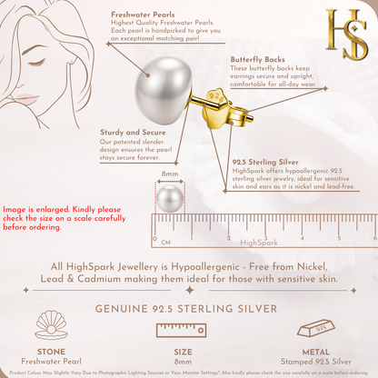 Freshwater Gold Pearl Stud Earrings in 925 Sterling Silver With 18k Gold Finish HighSpark