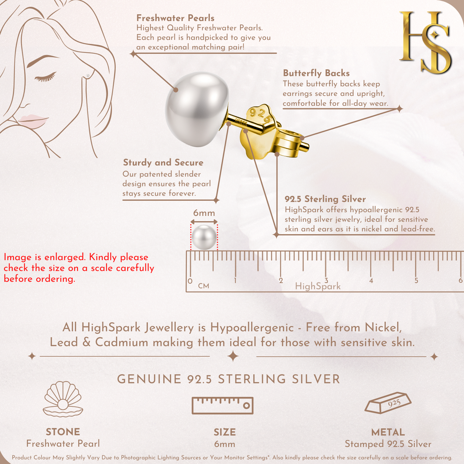 Freshwater Gold Pearl Stud Earrings in 925 Sterling Silver With 18k Gold Finish HighSpark