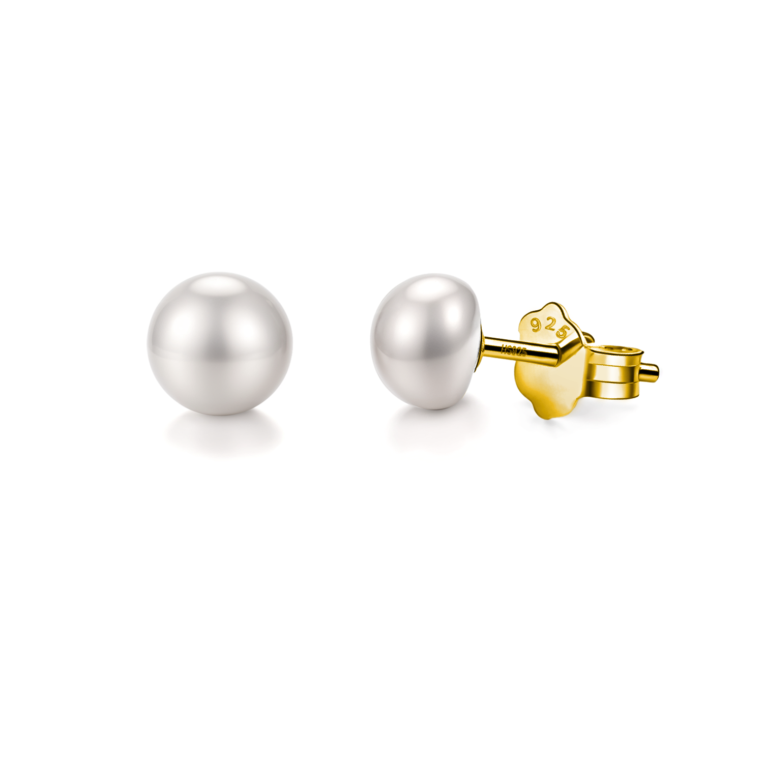 A pair of classic round freshwater pearl stud earrings with gold-plated sterling silver push-back clasps on a white background.