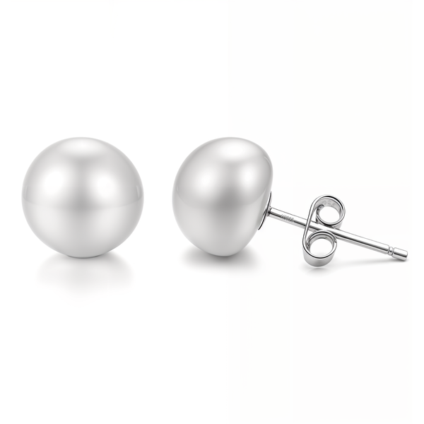 A pair of round freshwater pearl stud earrings with sterling silver push back closures on a plain white background.