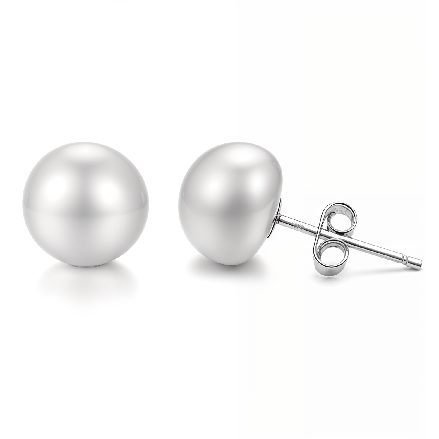 A pair of round freshwater pearl stud earrings with sterling silver push back closures on a plain white background.