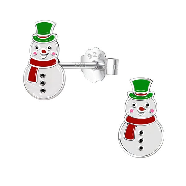 A pair of snowman stud earrings with green, red, and white enamel detailing in sterling silver, shown on a plain white background.