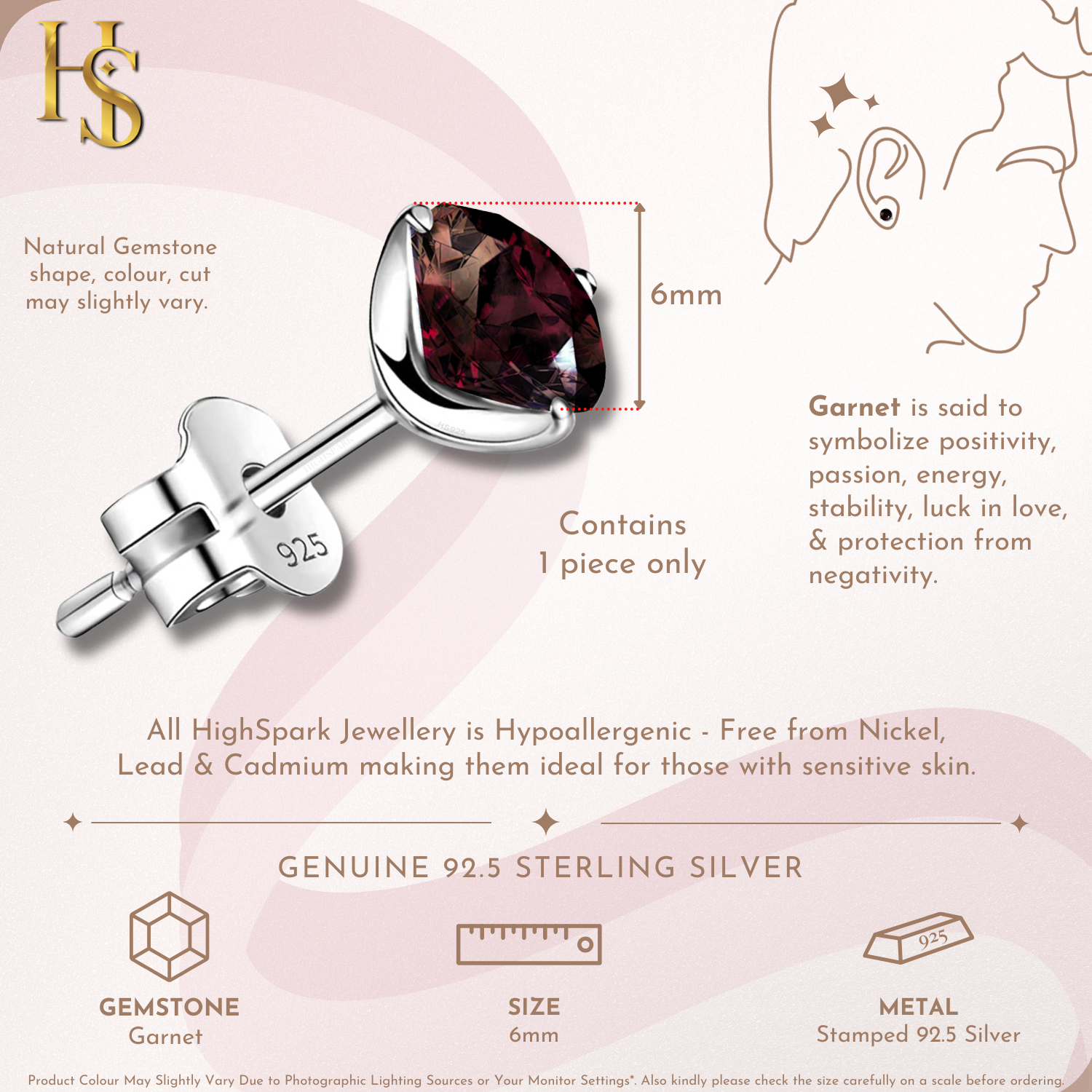 Garnet Gemstone Stud Earrings in 925 Sterling Silver for Men HighSpark