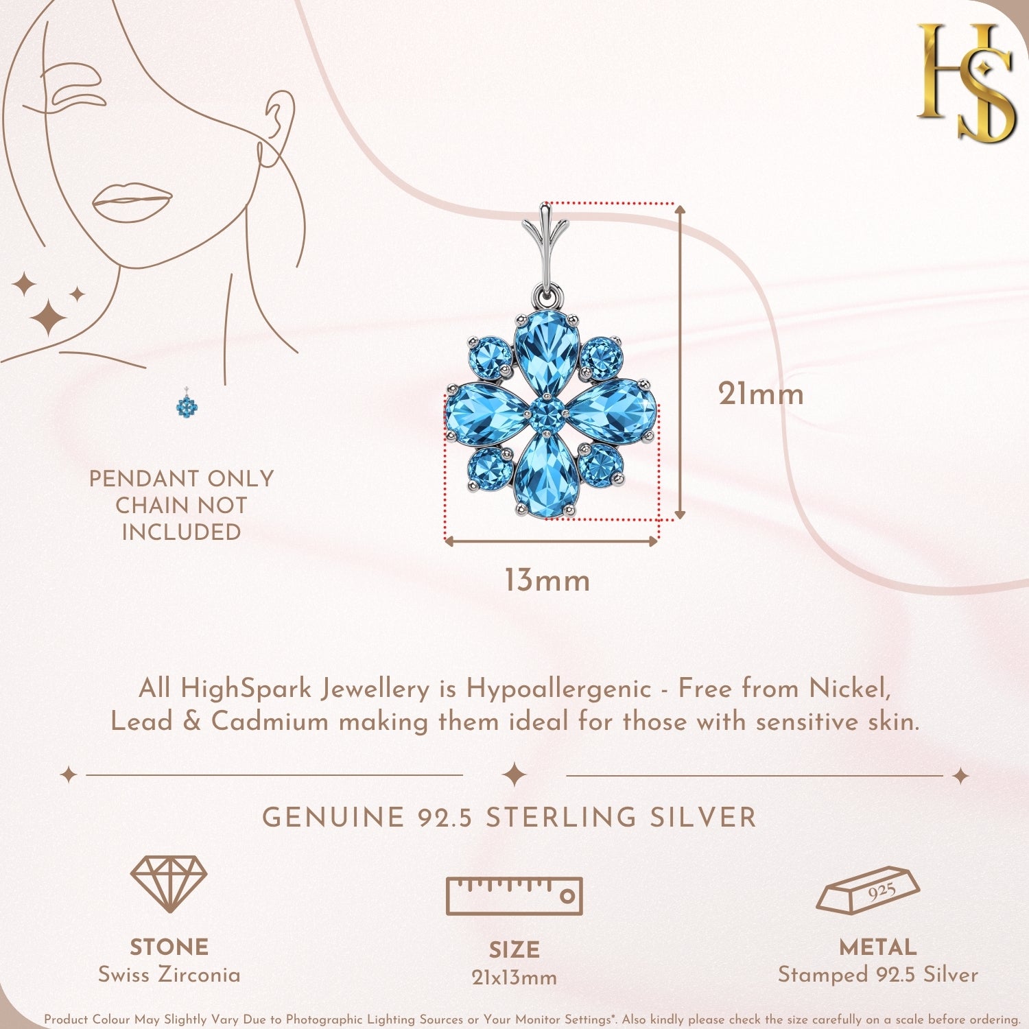 Glacial Glitter Blue Snowflake Solitaire Pendant With Chain in 925 Sterling Silver For Women HighSpark