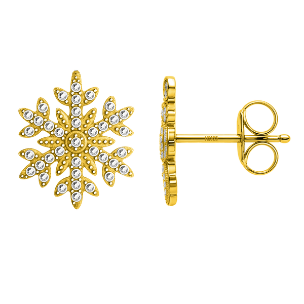 Gold-plated snowflake stud earrings with bezel-set American diamonds, shown from the front and side on a white background.