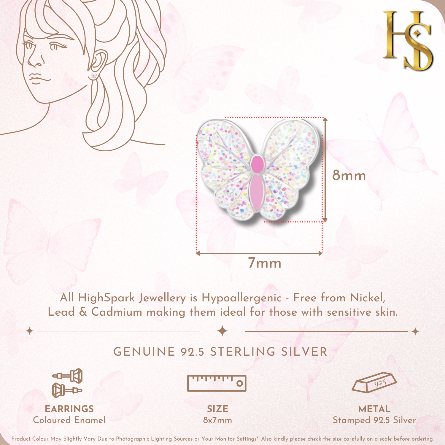 Glittery Butterfly Cute Enamel Stud Earrings in 925 Sterling Silver HighSpark
