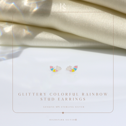 Glittery Colorful Rainbow Cute Enamel Stud Earrings in 925 Sterling Silver HighSpark