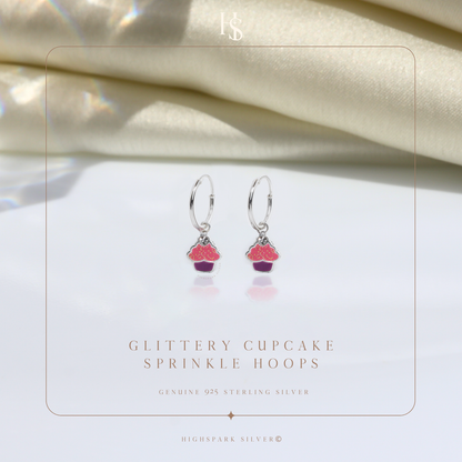 Glittery Cupcake Sprinkle Cute Enamel Hoops in 925 Sterling Silver HighSpark