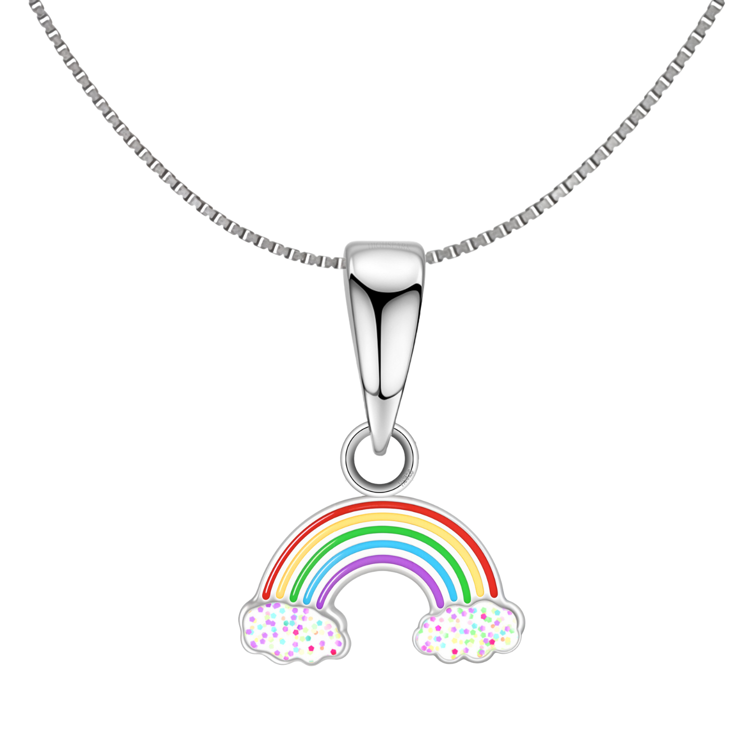 A sterling silver pendant necklace with a colourful enamel rainbow and glittery clouds on a box chain, shown on a white background.