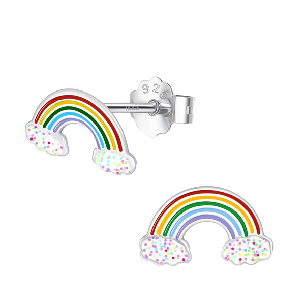 A pair of sterling silver stud earrings in a rainbow shape with colourful enamel arches and glittery clouds, shown on a white background.