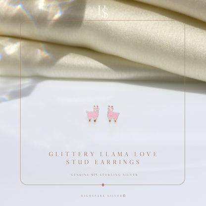Glittery Llama Love Cute Enamel Stud Earrings in 925 Sterling Silver HighSpark