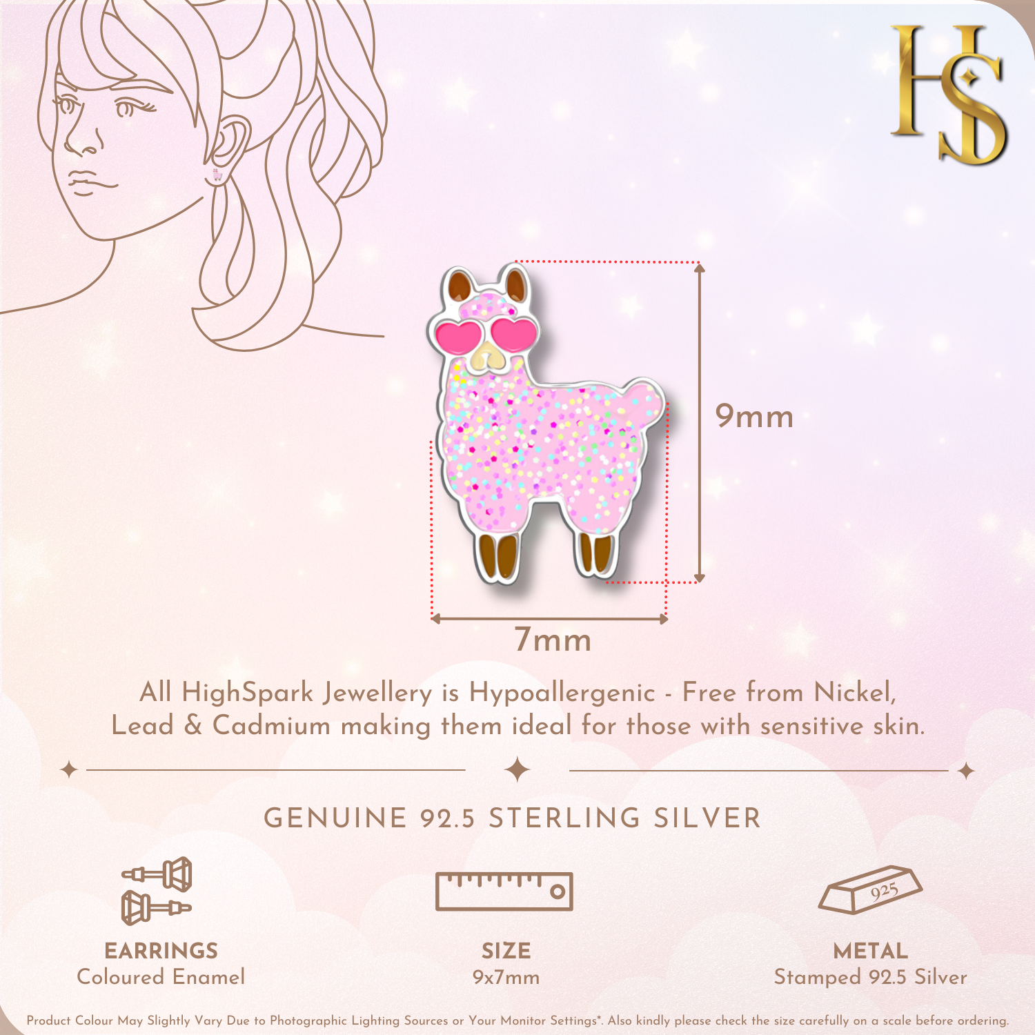 Glittery Llama Love Cute Enamel Stud Earrings in 925 Sterling Silver HighSpark