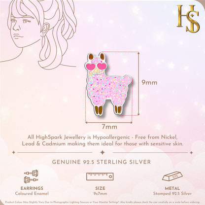 Glittery Llama Love Cute Enamel Stud Earrings in 925 Sterling Silver HighSpark