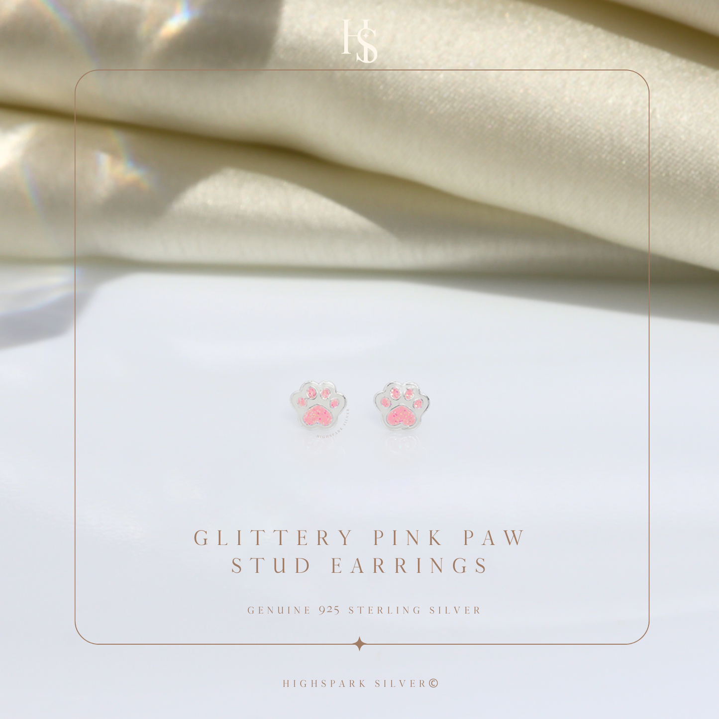 Glittery Pink Paw Cute Enamel Stud Earrings in 925 Sterling Silver HighSpark