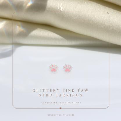Glittery Pink Paw Cute Enamel Stud Earrings in 925 Sterling Silver HighSpark