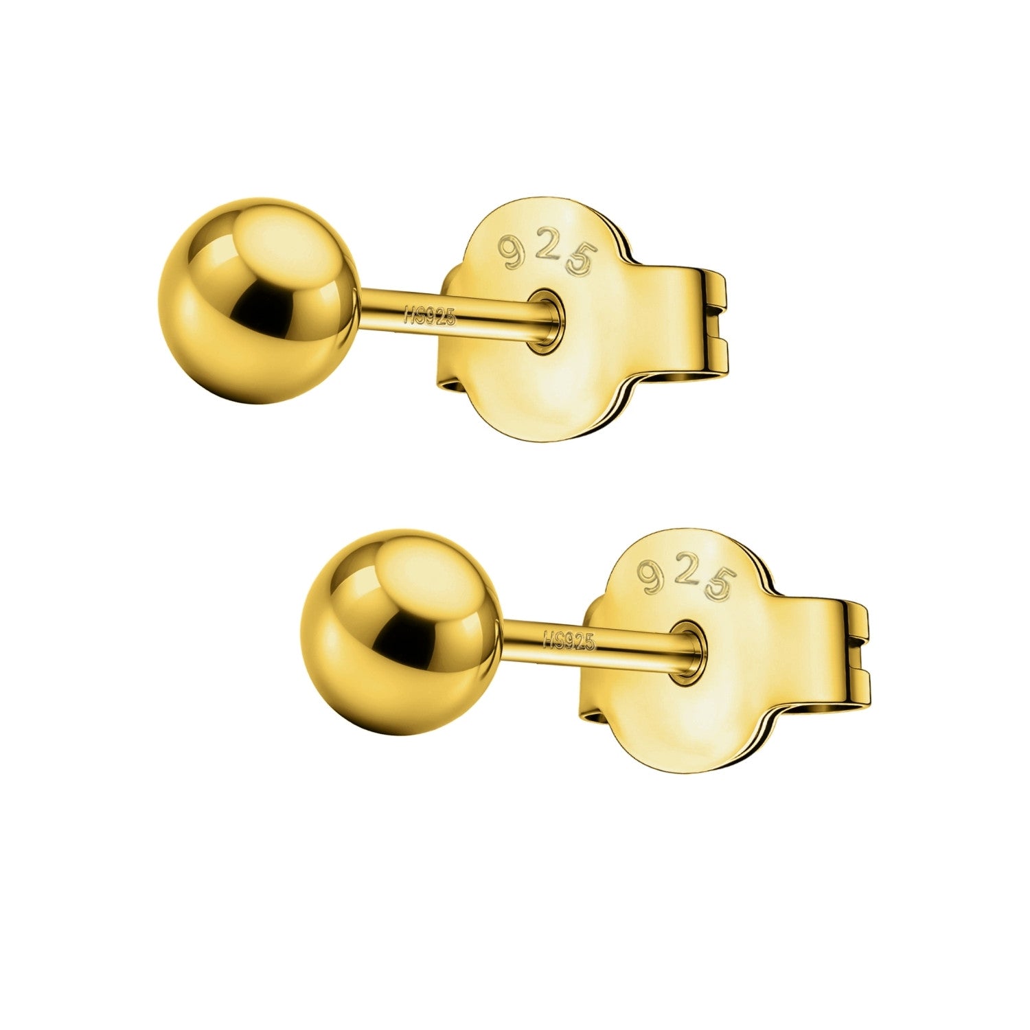 A pair of gold-plated sterling silver ball stud earrings with push-back closures, shown on a plain white background.