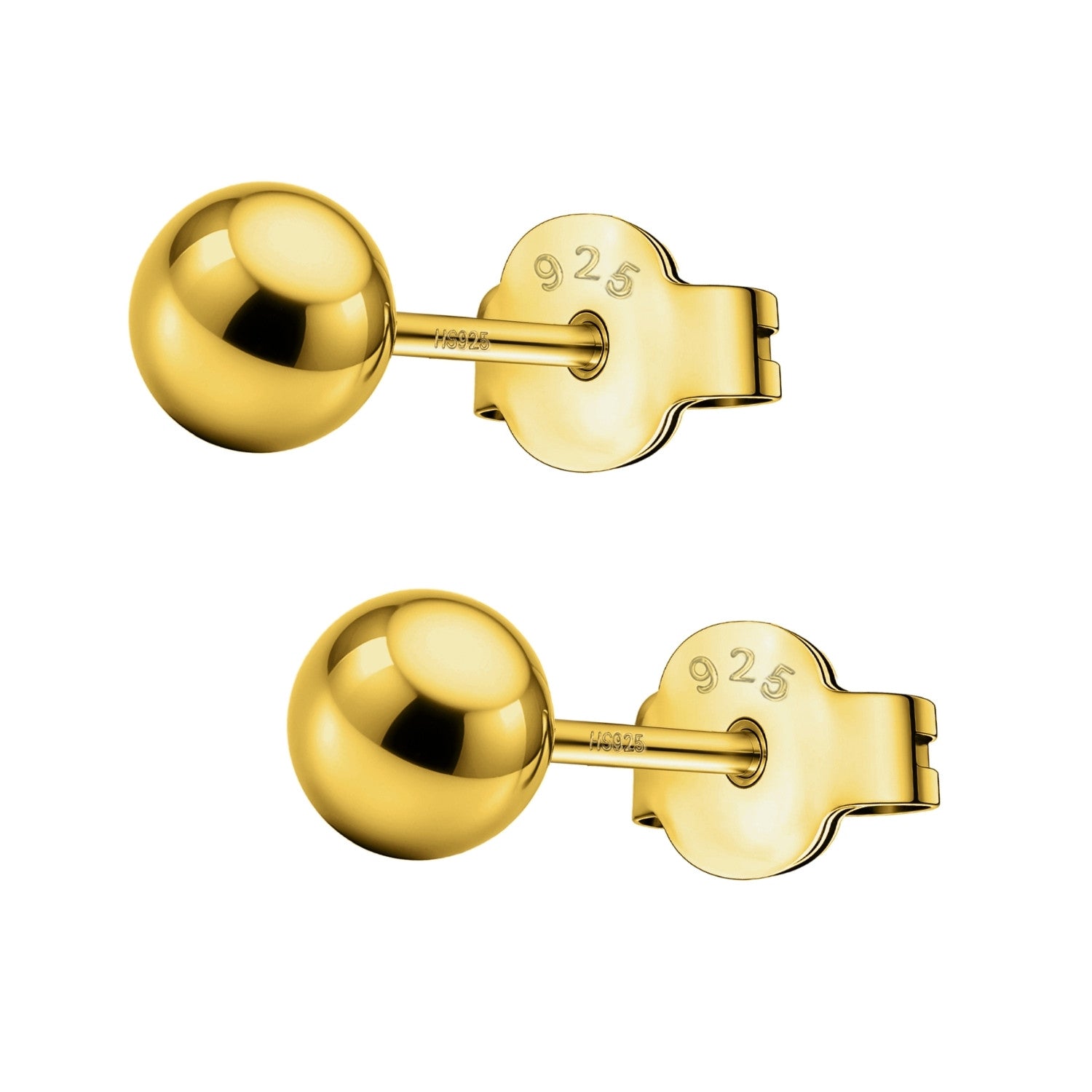A pair of gold-plated sterling silver stud earrings with a simple ball shape and push-back closures, shown on a white background.