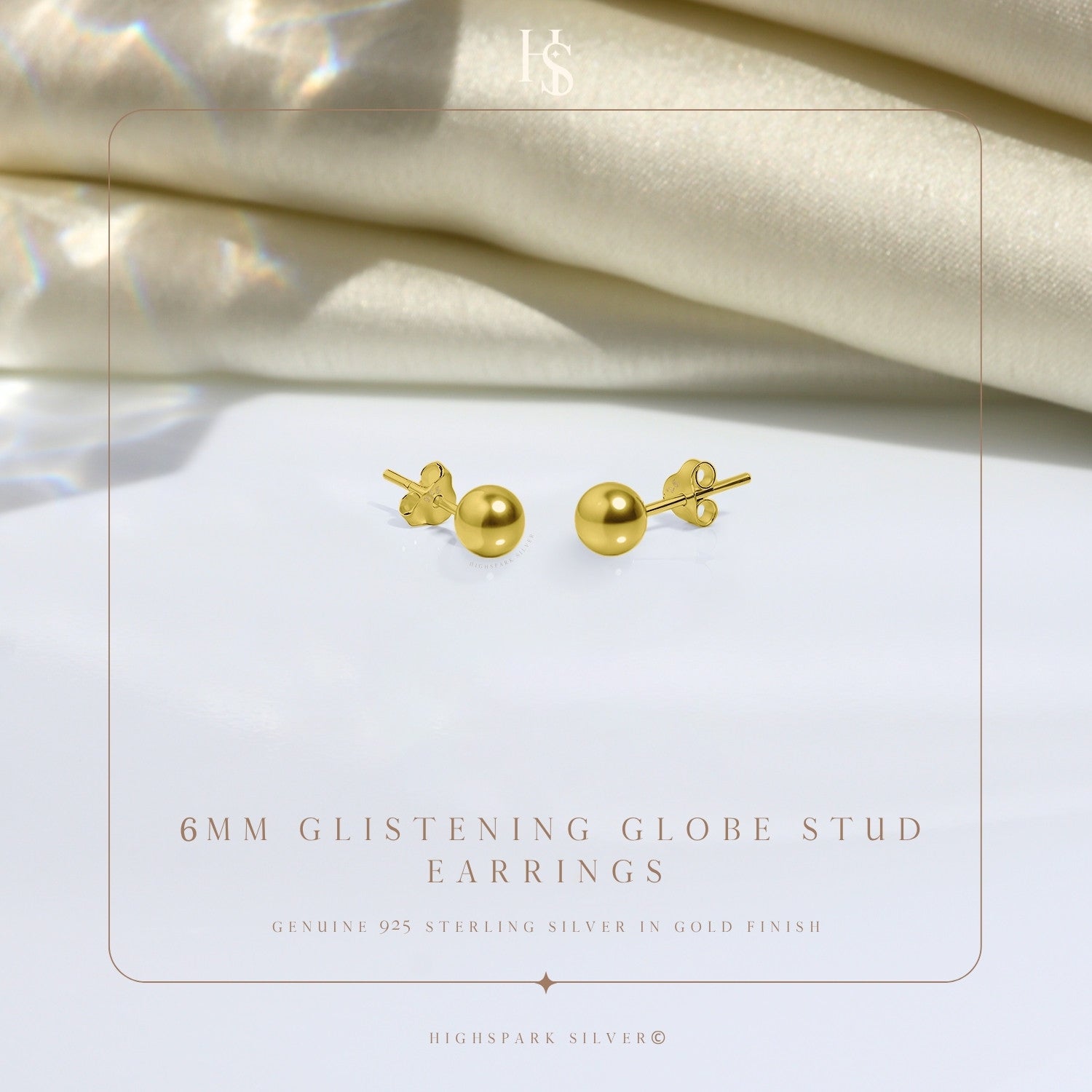 Gold Ball Earrings in Pure 92.5 Sterling Silver - Simple and elegant earrings in 18K Gold finish HighSpark