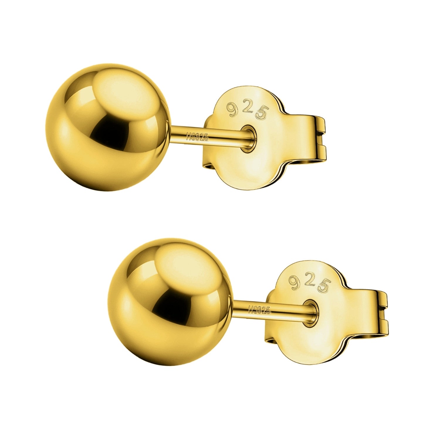 A pair of gold-plated sterling silver ball stud earrings with push-back closures shown on a plain white background.