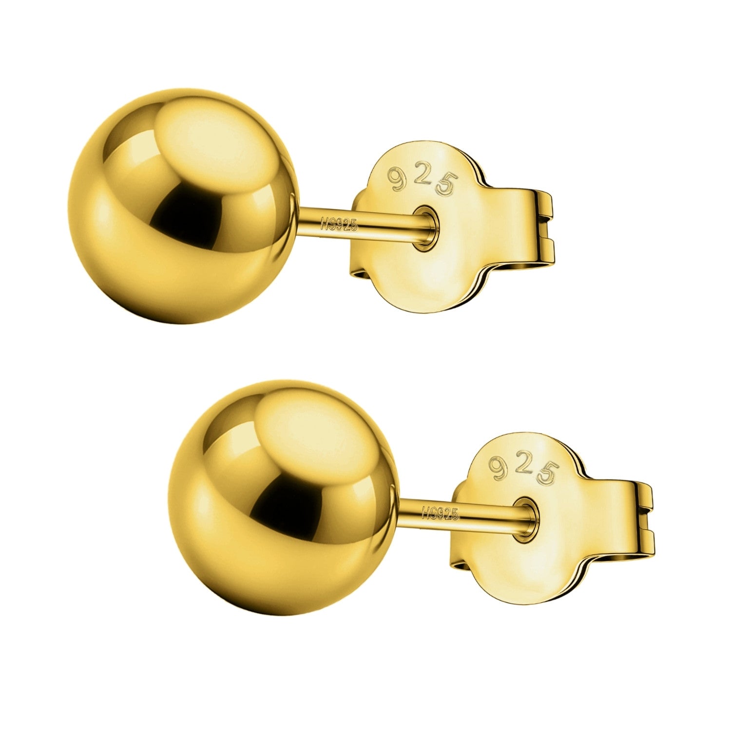 A pair of classic ball stud earrings with a polished gold-plated finish and push-back closures, shown on a white background.