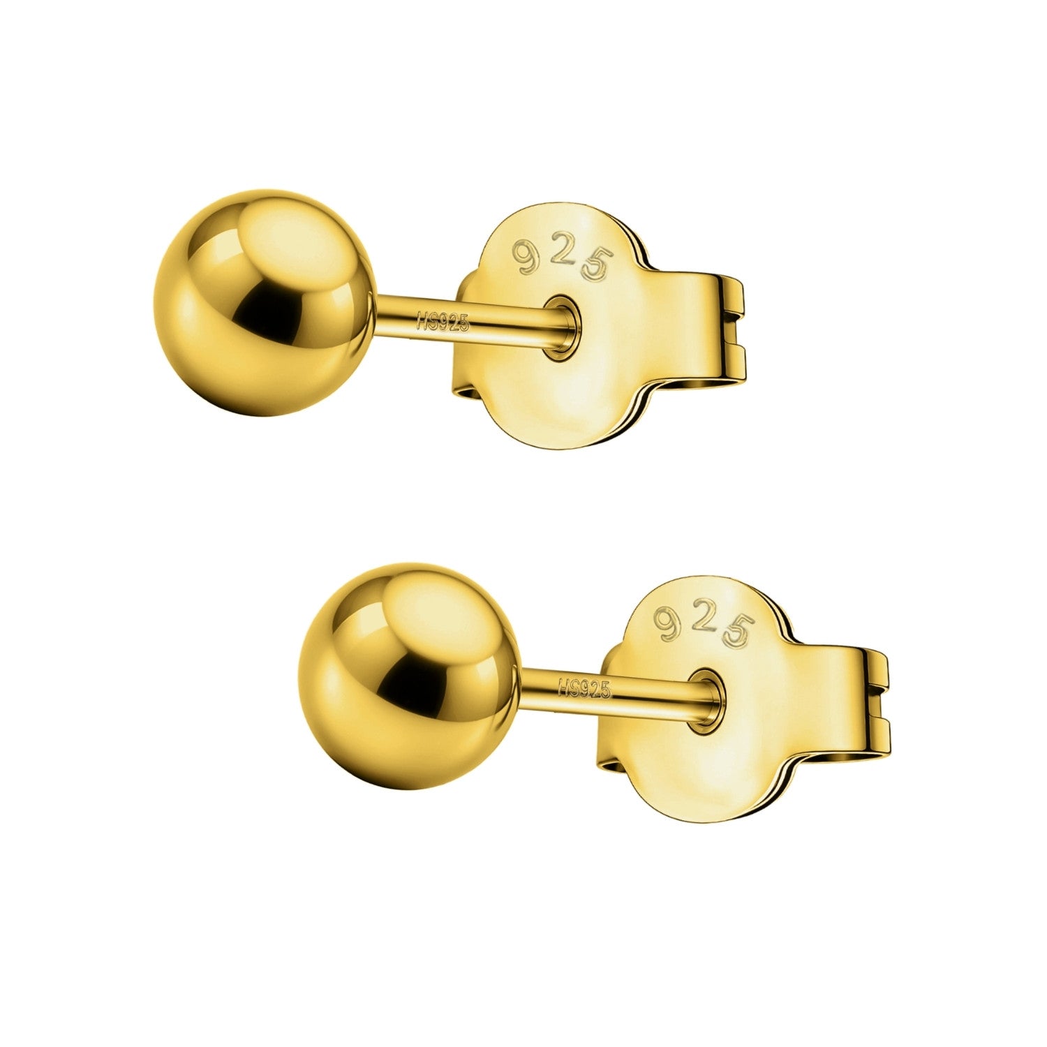 A pair of gold-plated sterling silver stud earrings with a simple ball shape and push-back closures, shown on a white background.