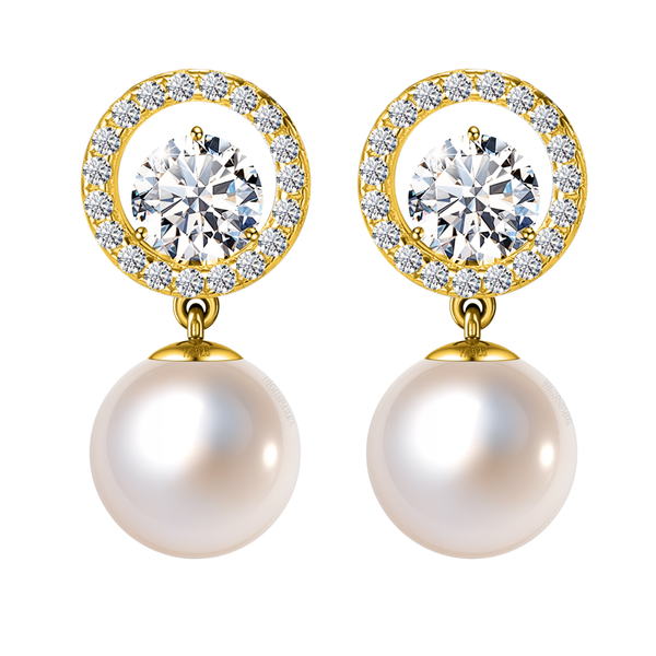 Gold-plated drop earrings with a halo of American diamonds, a central solitaire, and a dangling pearl, shown on a white background.