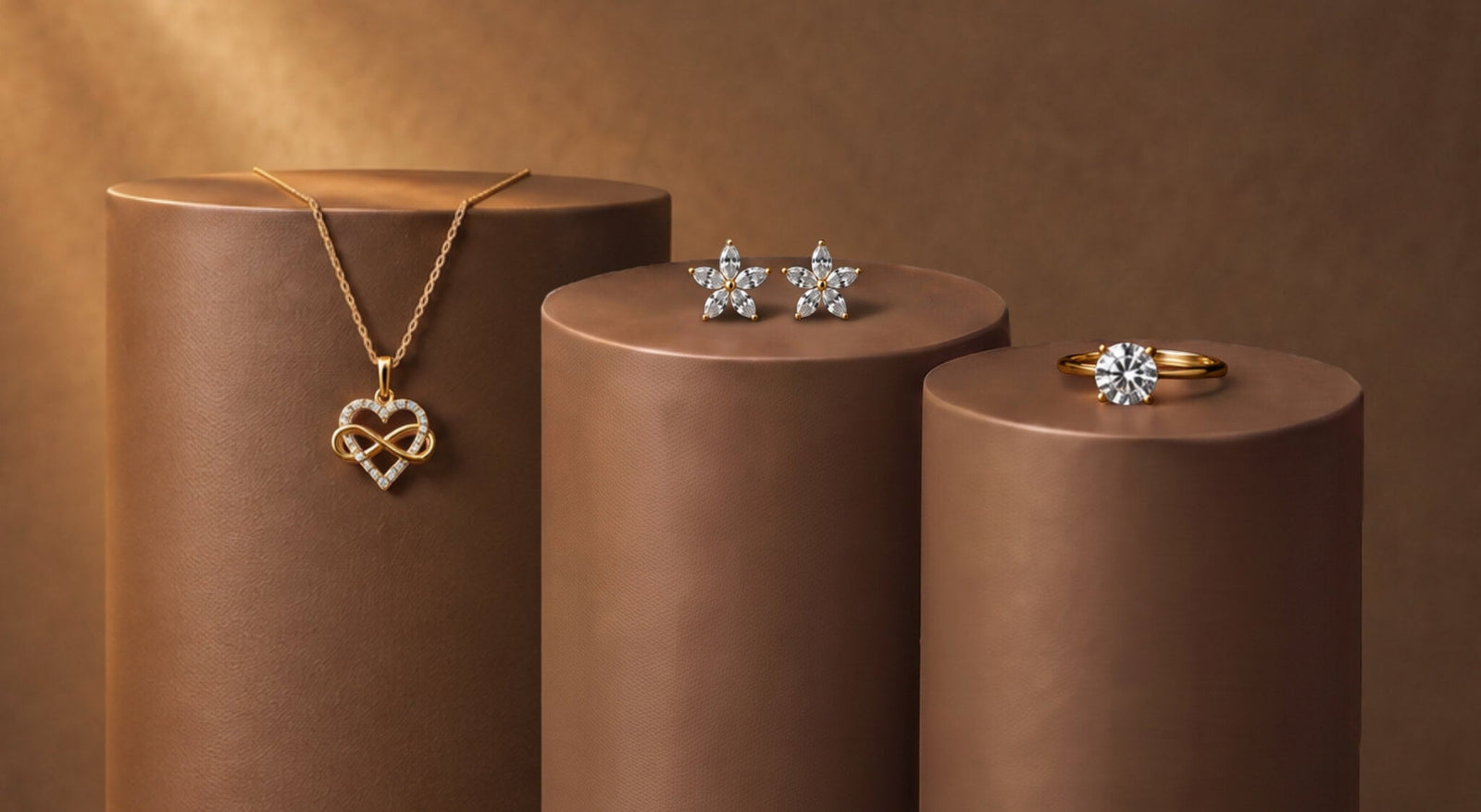 Gold-plated silver jewellery - heart pendant, star earrings and ring on display
