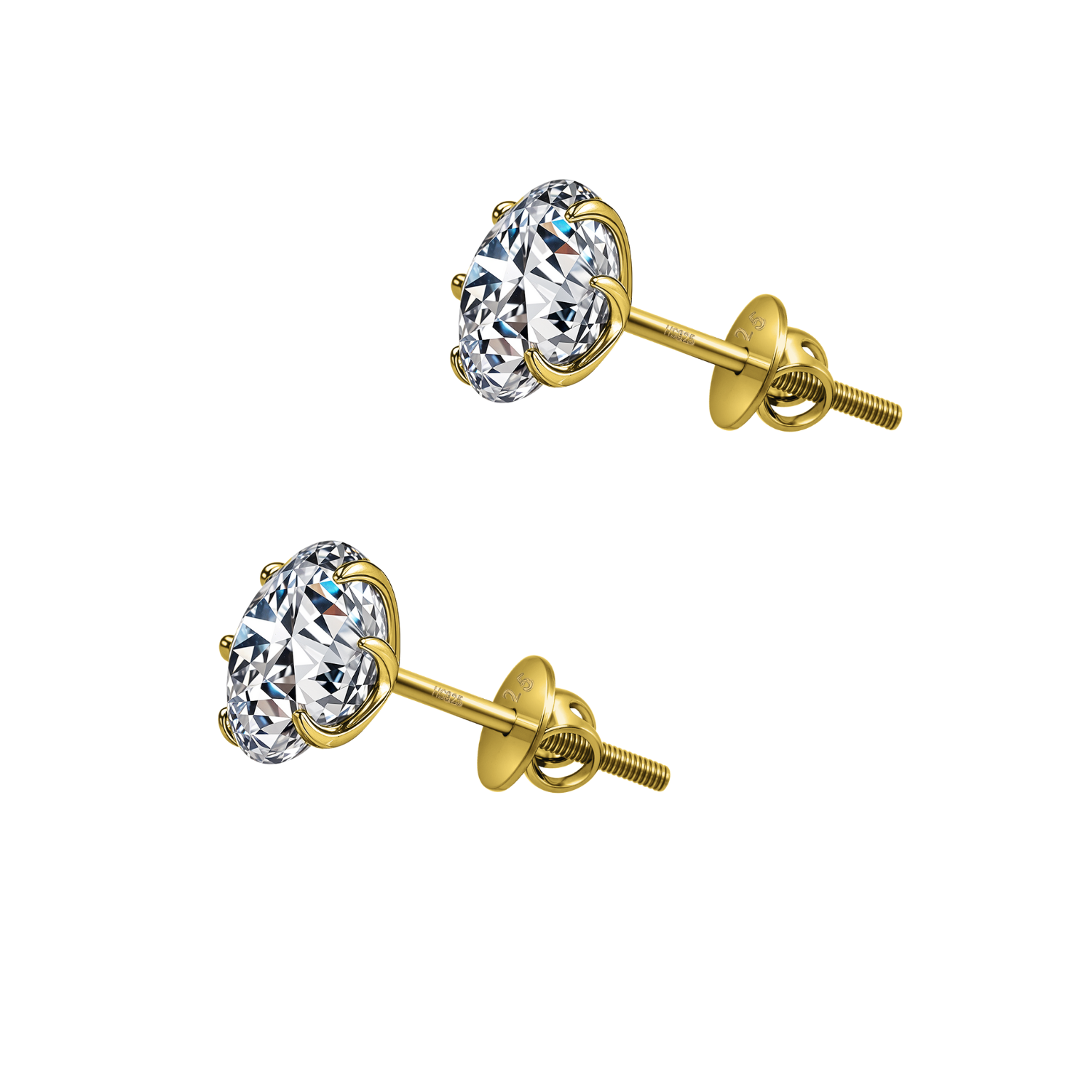 A pair of gold-plated solitaire stud earrings with round American diamonds in a six-prong setting and secure screw backs on a white.