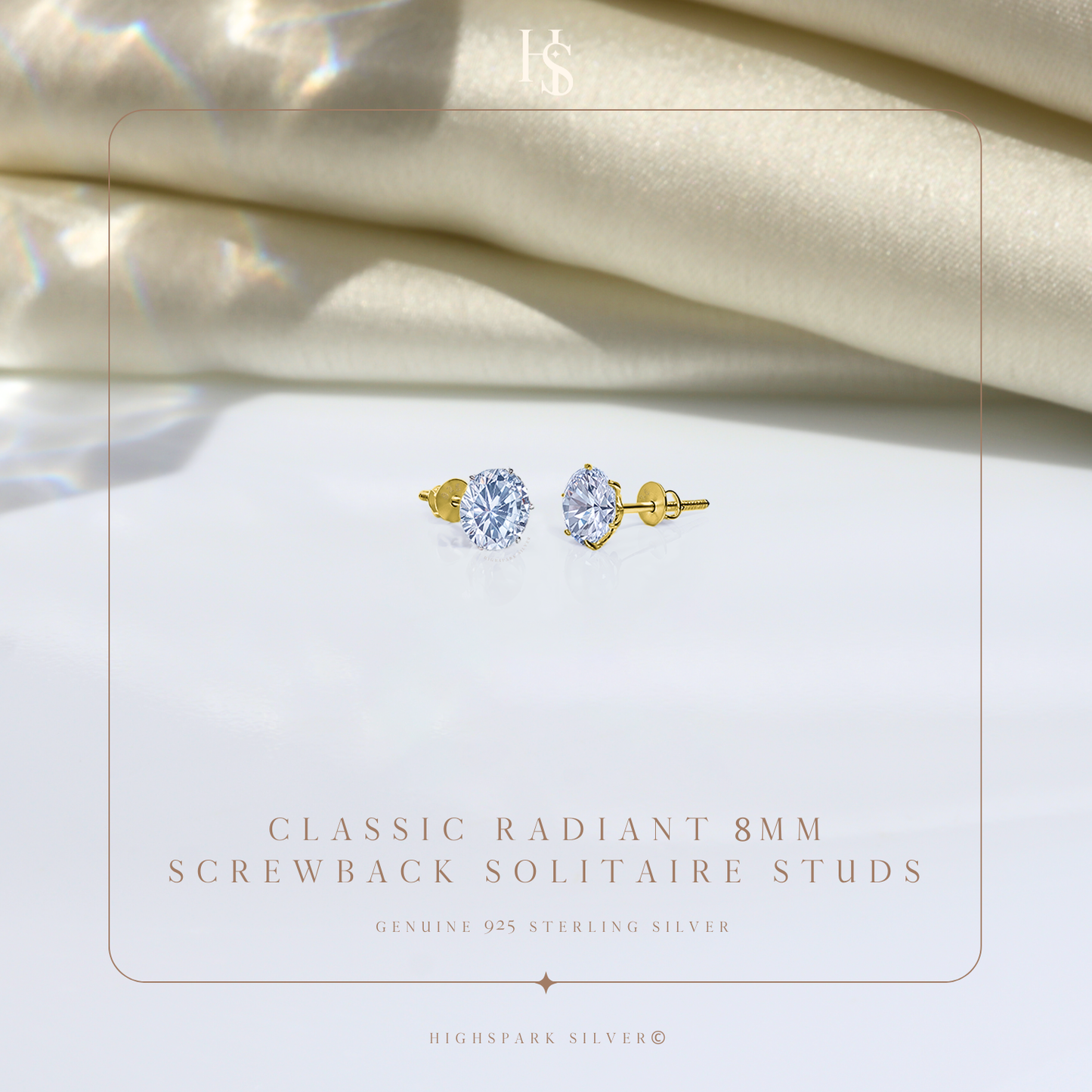 Gold Simple Solitaire Screwbcak Earrings - 92.5 Silver - Round Brilliant Zirconia Tops for everyday wear in 18K Gold Finish HighSpark