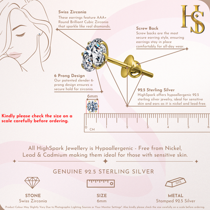Gold Simple Solitaire Screwbcak Earrings - 92.5 Silver - Round Brilliant Zirconia Tops for everyday wear in 18K Gold Finish HighSpark