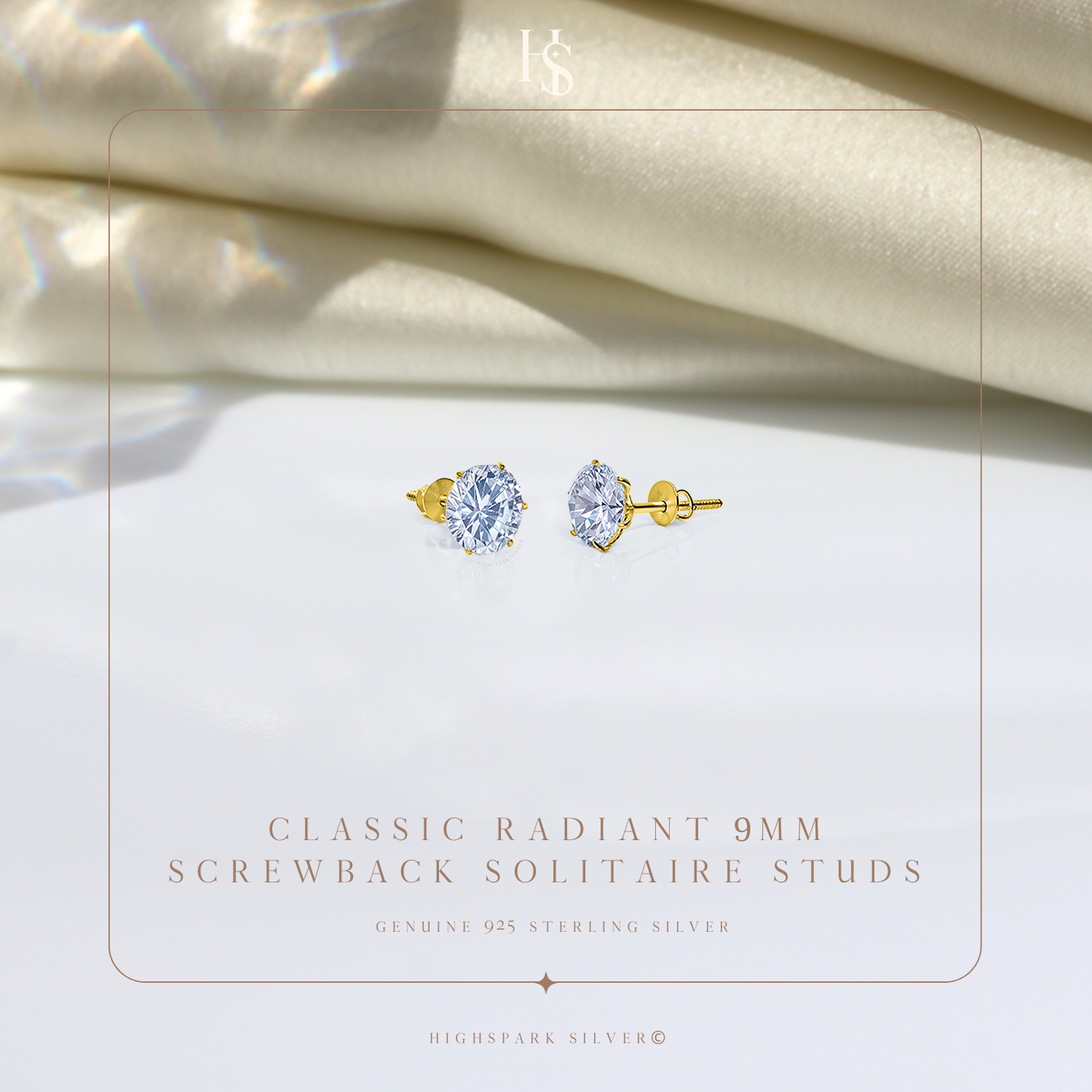 Gold Simple Solitaire Screwbcak Earrings - 92.5 Silver - Round Brilliant Zirconia Tops for everyday wear in 18K Gold Finish HighSpark