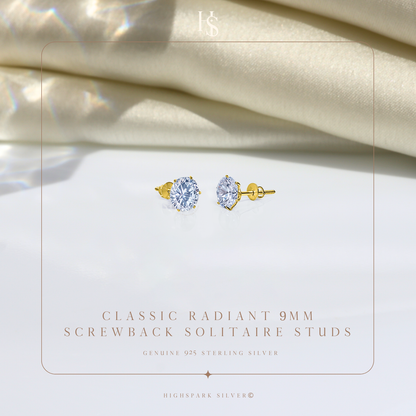 Gold Simple Solitaire Screwbcak Earrings - 92.5 Silver - Round Brilliant Zirconia Tops for everyday wear in 18K Gold Finish HighSpark