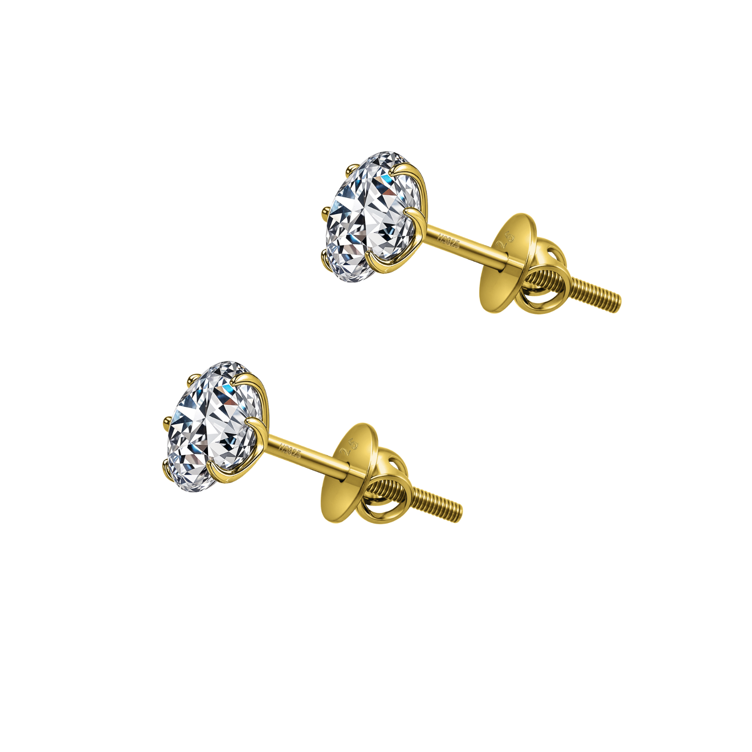 A pair of solitaire stud earrings with round American diamonds in a six-prong setting and a gold-plated finish with screw backs.