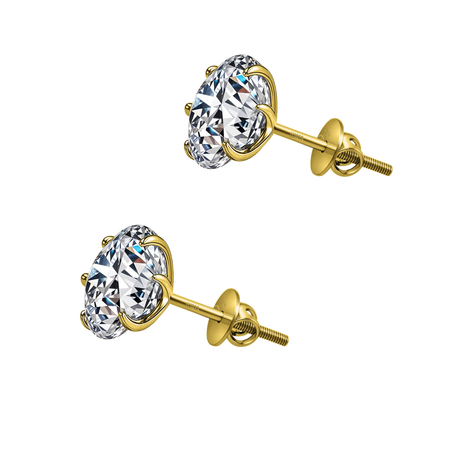 A pair of gold-plated stud earrings with round brilliant-cut American diamonds in a six-prong setting and secure screw backs on a white.
