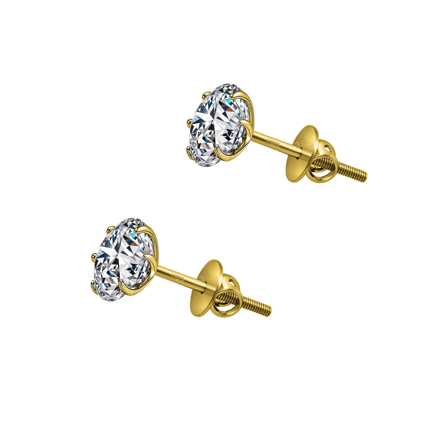 A pair of solitaire stud earrings with round brilliant-cut American diamonds in a six-prong setting and a gold-plated screw back.
