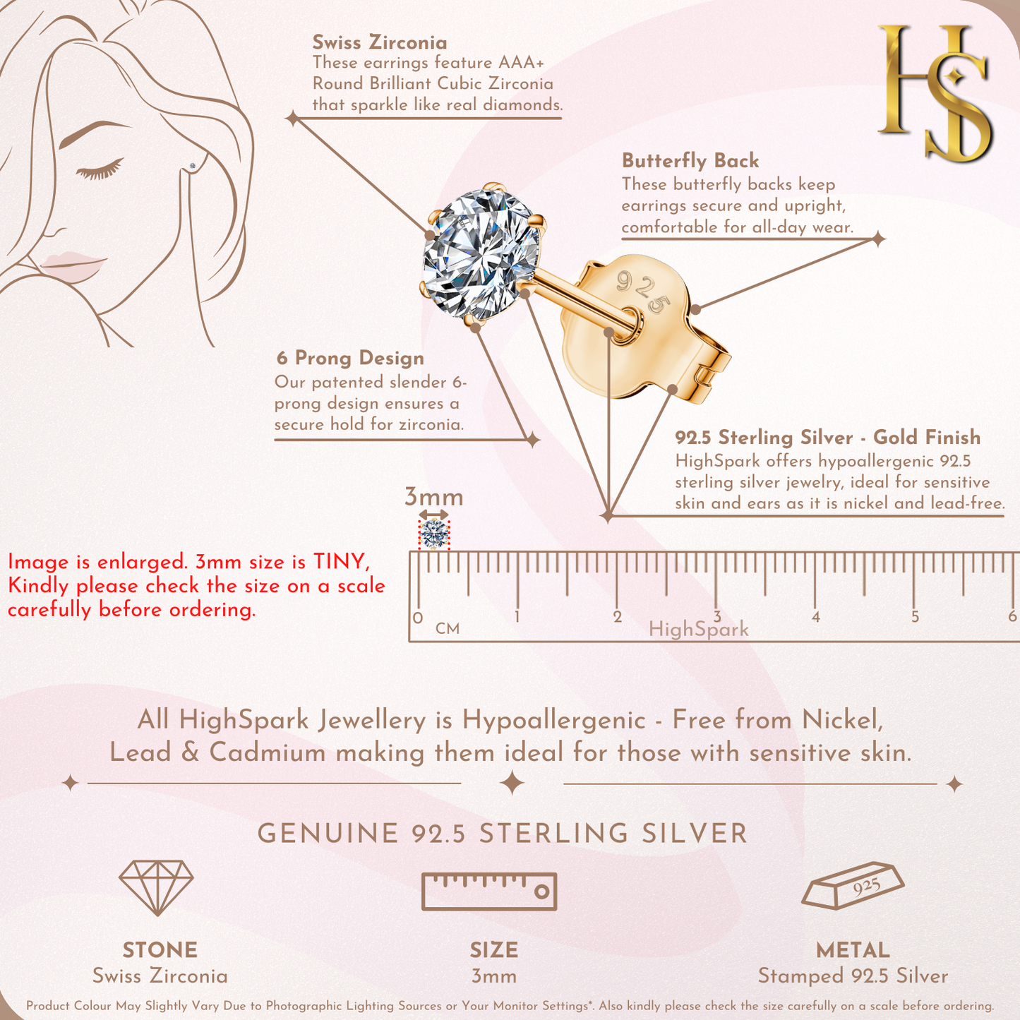 Gold Simple Solitaire Stud Earrings - 92.5 Silver - Round Brilliant Zirconia Tops for everyday wear in 18K Gold Finish HighSpark
