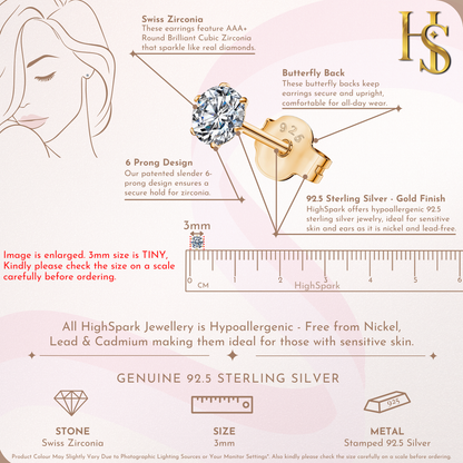 Gold Simple Solitaire Stud Earrings - 92.5 Silver - Round Brilliant Zirconia Tops for everyday wear in 18K Gold Finish HighSpark