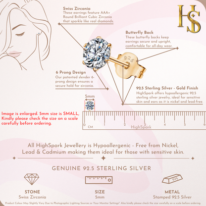 Gold Simple Solitaire Stud Earrings - 92.5 Silver - Round Brilliant Zirconia Tops for everyday wear in 18K Gold Finish HighSpark