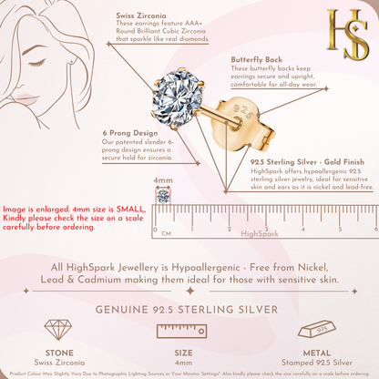 Gold Simple Solitaire Stud Earrings - 92.5 Silver - Round Brilliant Zirconia Tops for everyday wear in 18K Gold Finish HighSpark