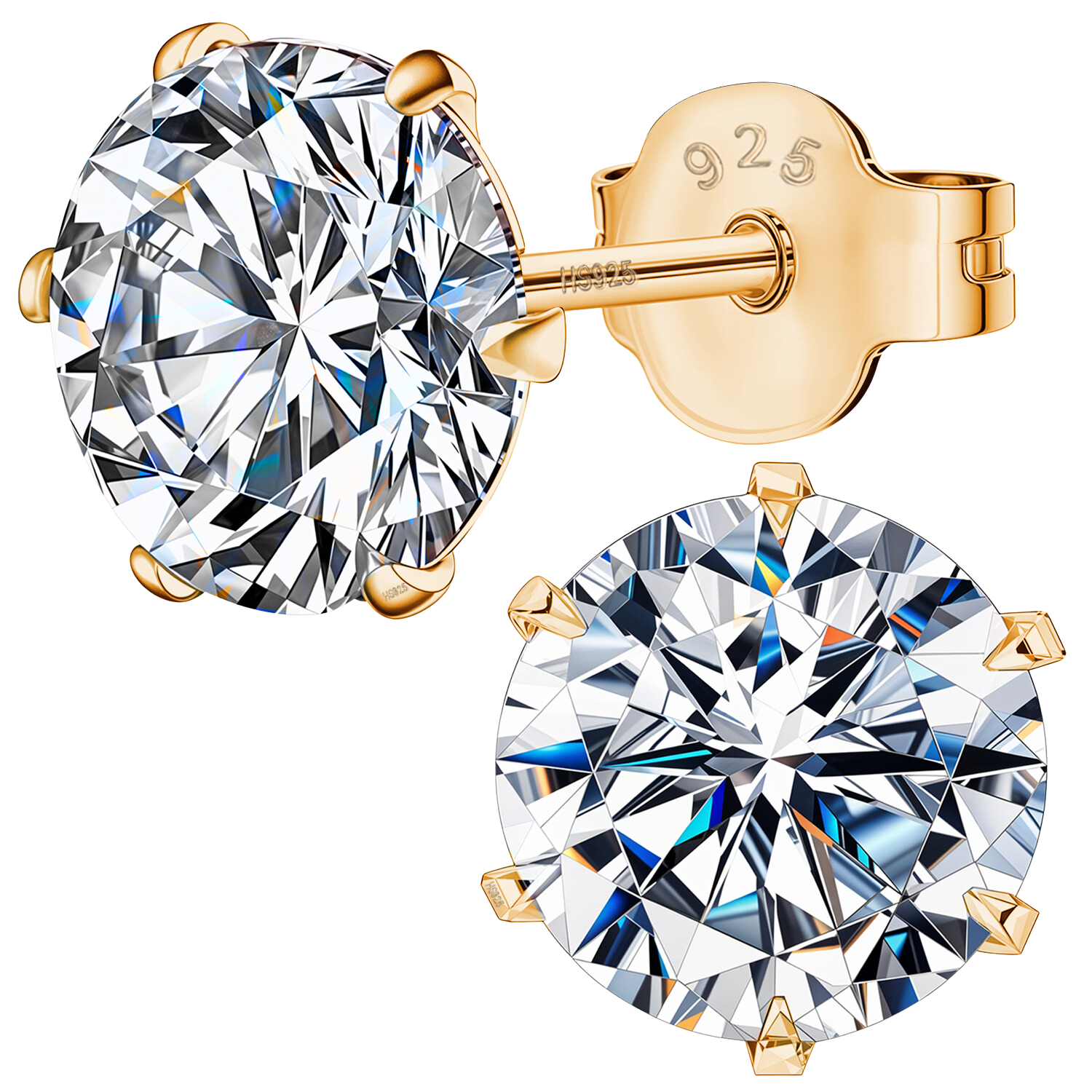 Gold-plated stud earrings with a round brilliant-cut American diamond in a six-prong setting, shown with a push-back closure.