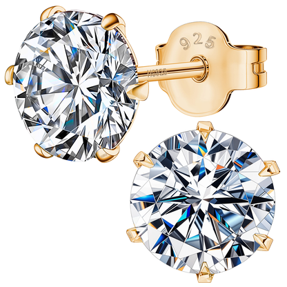 Gold Simple Solitaire Stud Earrings - 92.5 Silver - Round Brilliant Zirconia Tops for everyday wear in 18K Gold Finish HighSpark
