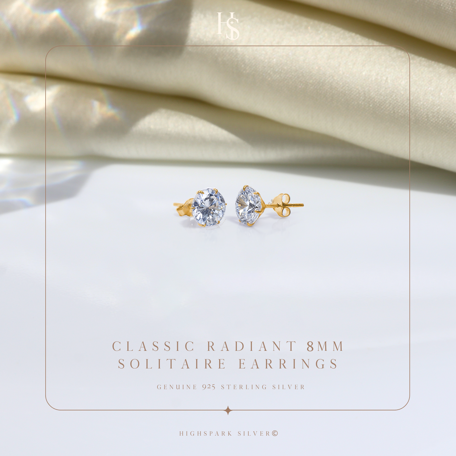 Gold Simple Solitaire Stud Earrings - 92.5 Silver - Round Brilliant Zirconia Tops for everyday wear in 18K Gold Finish HighSpark