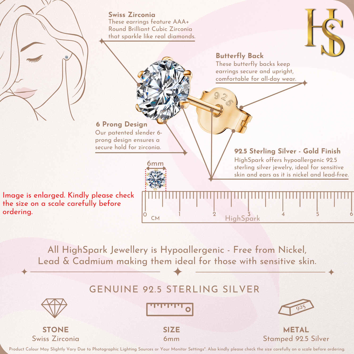 Gold Simple Solitaire Stud Earrings - 92.5 Silver - Round Brilliant Zirconia Tops for everyday wear in 18K Gold Finish HighSpark