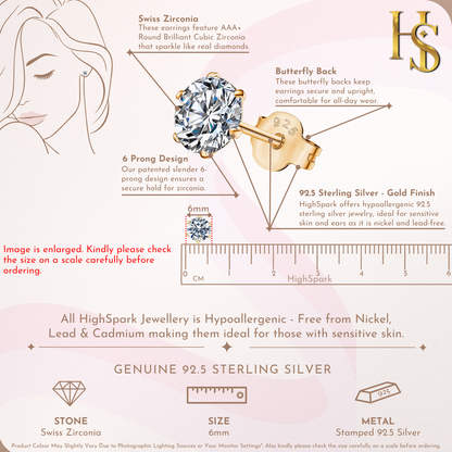Gold Simple Solitaire Stud Earrings - 92.5 Silver - Round Brilliant Zirconia Tops for everyday wear in 18K Gold Finish HighSpark