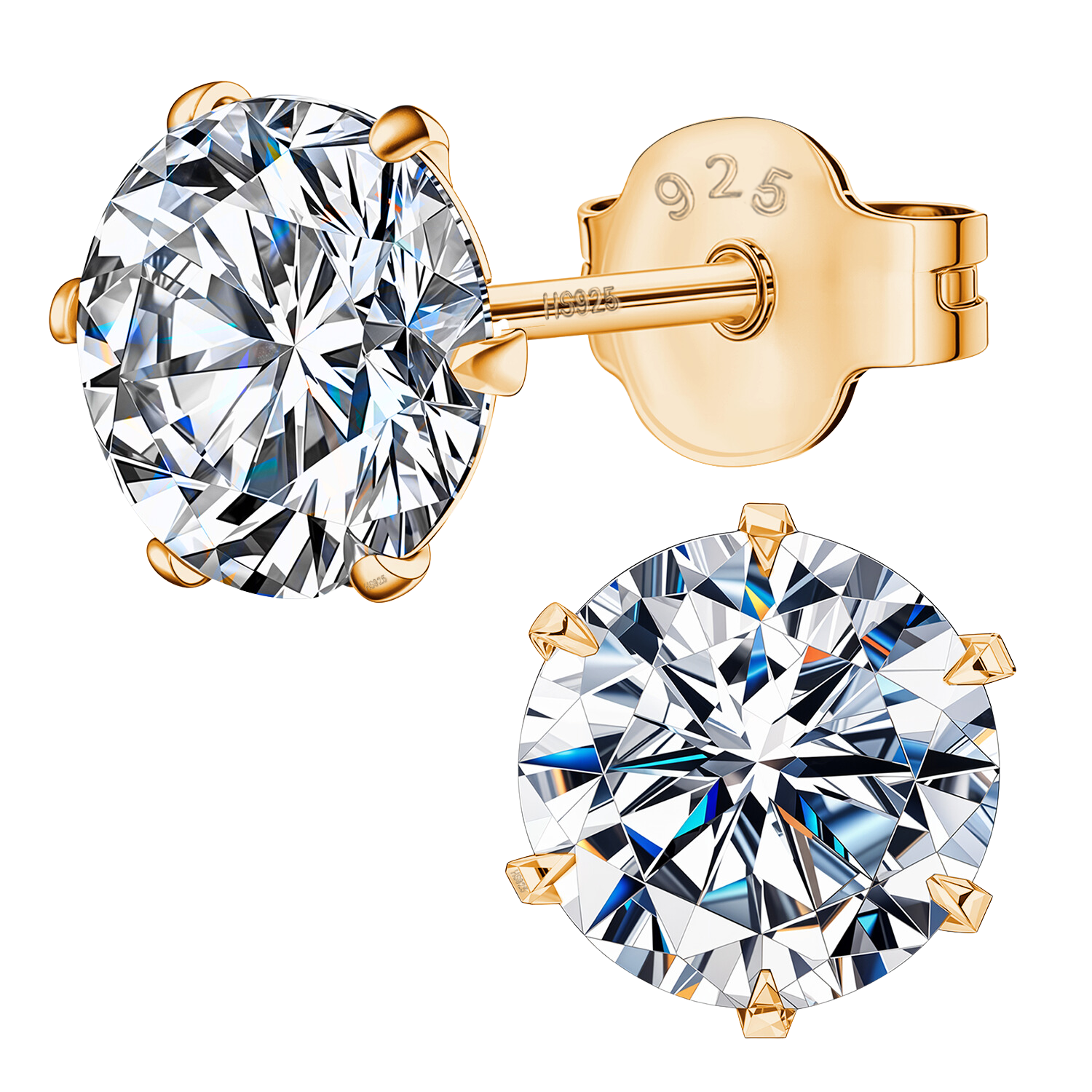A pair of gold-plated sterling silver stud earrings with round brilliant-cut American diamonds in a six-prong setting on a white background.