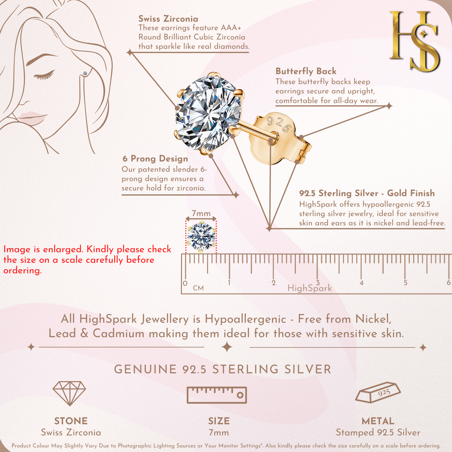 Gold Simple Solitaire Stud Earrings - 92.5 Silver - Round Brilliant Zirconia Tops for everyday wear in 18K Gold Finish HighSpark