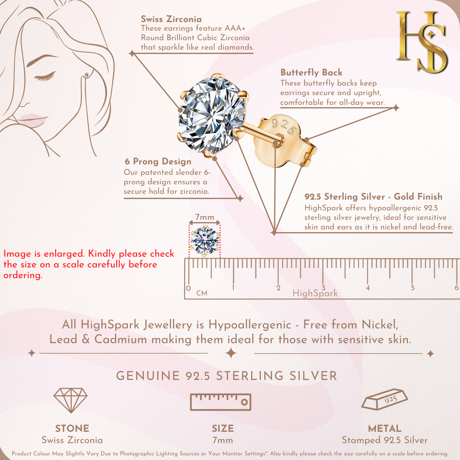 Gold Simple Solitaire Stud Earrings - 92.5 Silver - Round Brilliant Zirconia Tops for everyday wear in 18K Gold Finish HighSpark