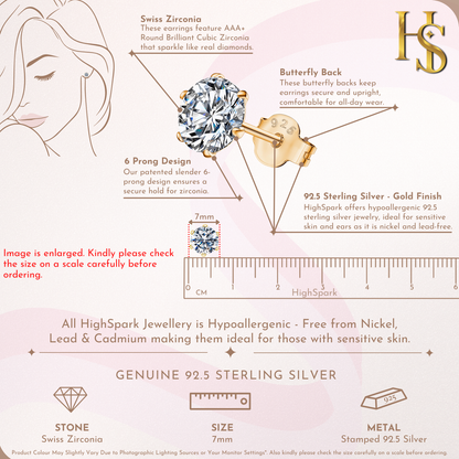 Gold Simple Solitaire Stud Earrings - 92.5 Silver - Round Brilliant Zirconia Tops for everyday wear in 18K Gold Finish HighSpark